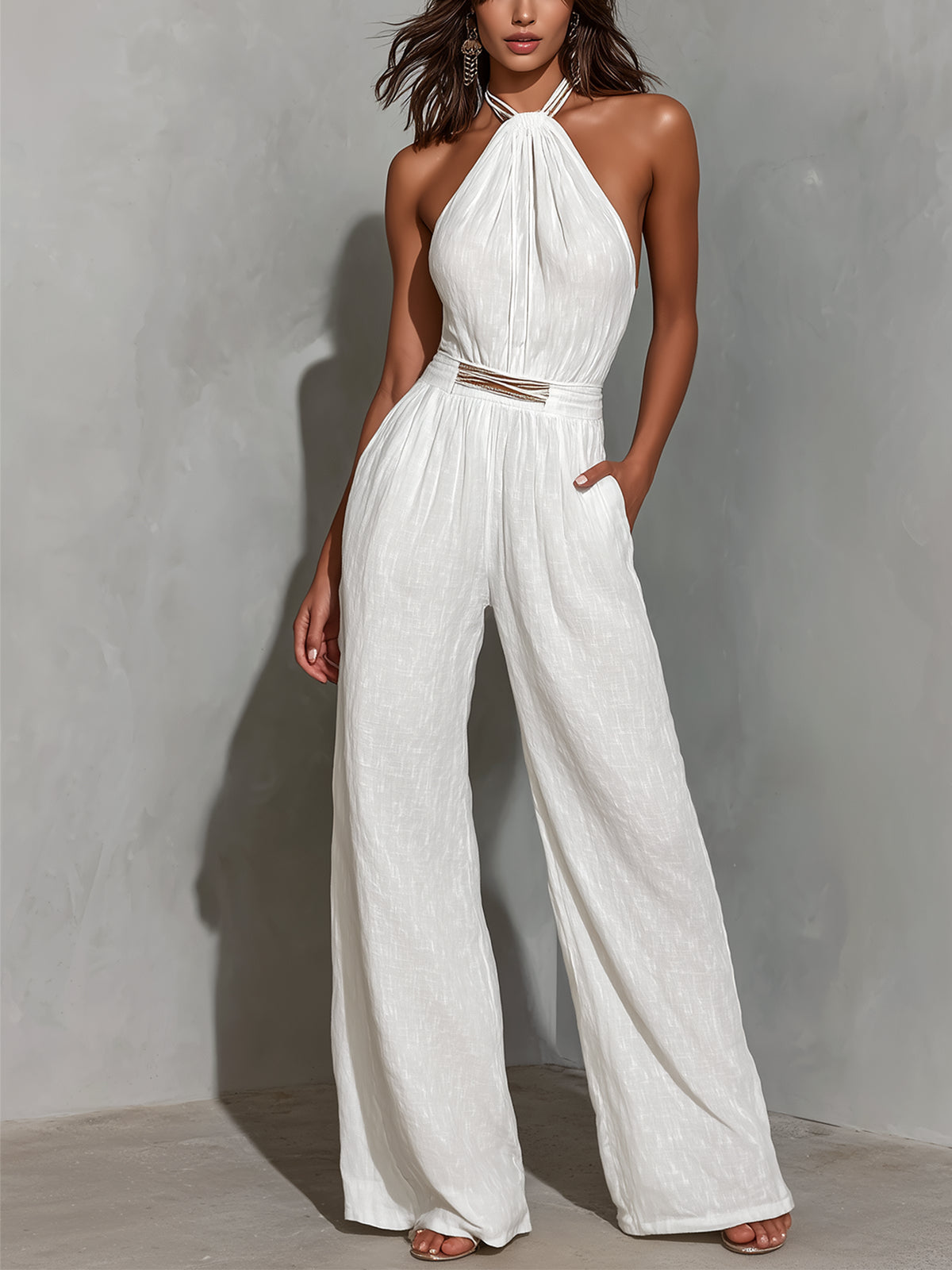 Pauline™ | Faux Cotton-Linen Halter-Neck Sleeveless Jumpsuit