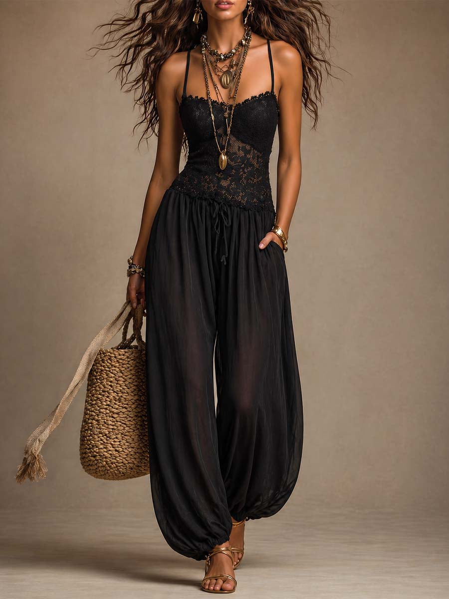 Estelle™ | Lace and Chiffon Spaghetti-Strap Harem Jumpsuit