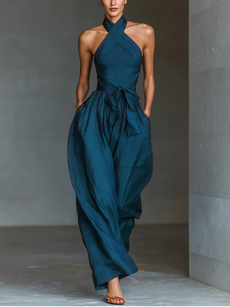 Océane™ | Cross Halter Wide-Leg Jumpsuit with Side Pockets