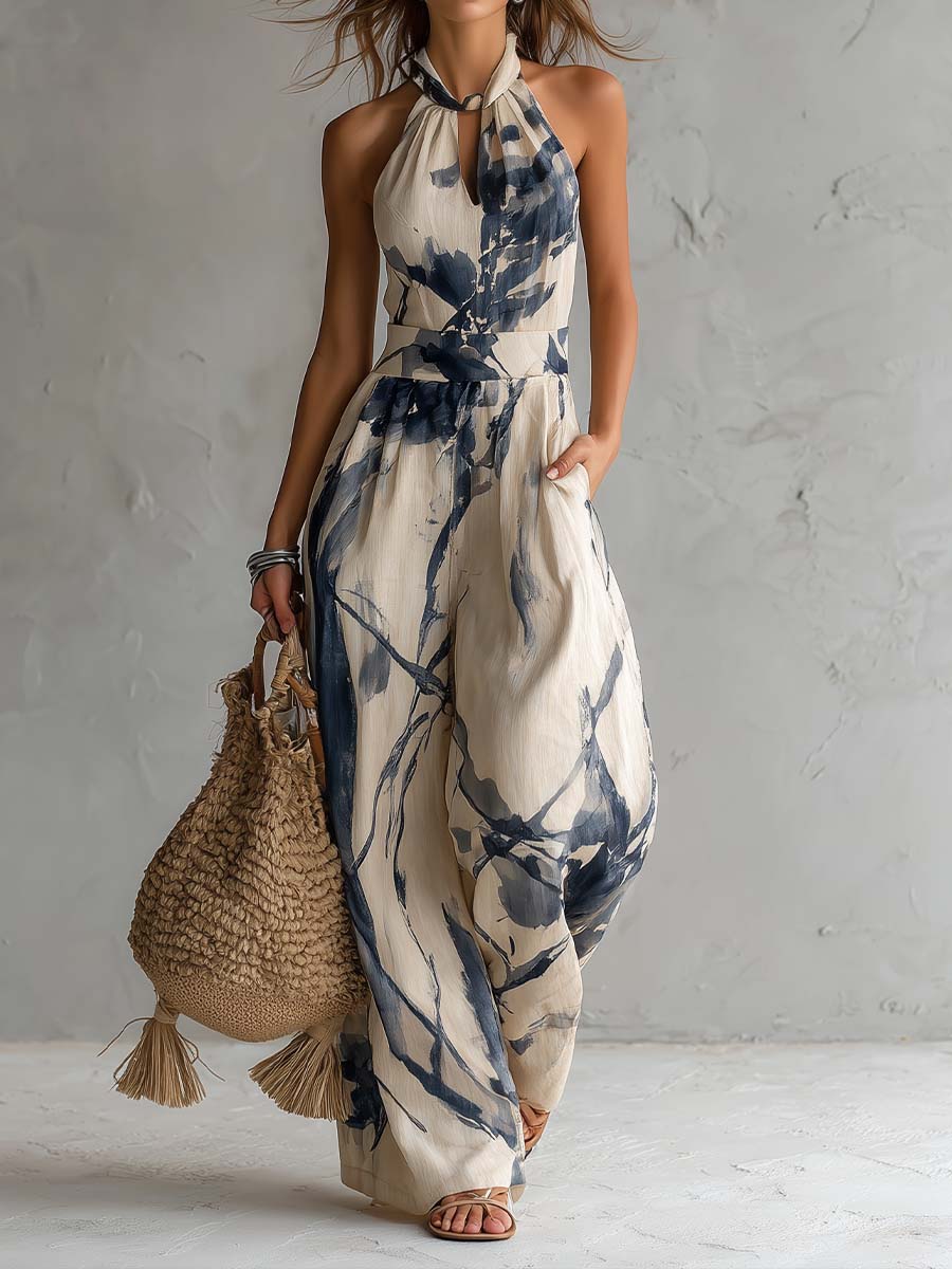 Suzanne™ | Halter Neck Ink Wash Print Wide Leg Jumpsuit with Pockets