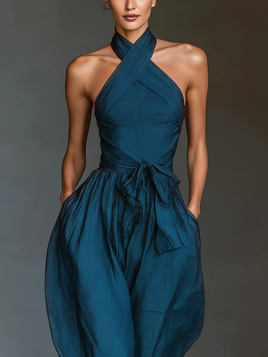 Océane™ | Cross Halter Wide-Leg Jumpsuit with Side Pockets