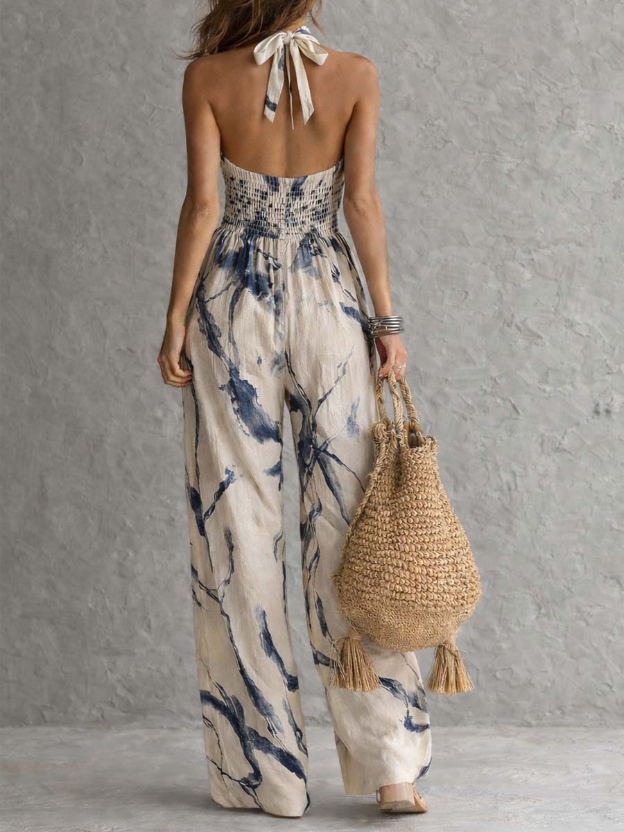Suzanne™ | Halter Neck Ink Wash Print Wide Leg Jumpsuit with Pockets