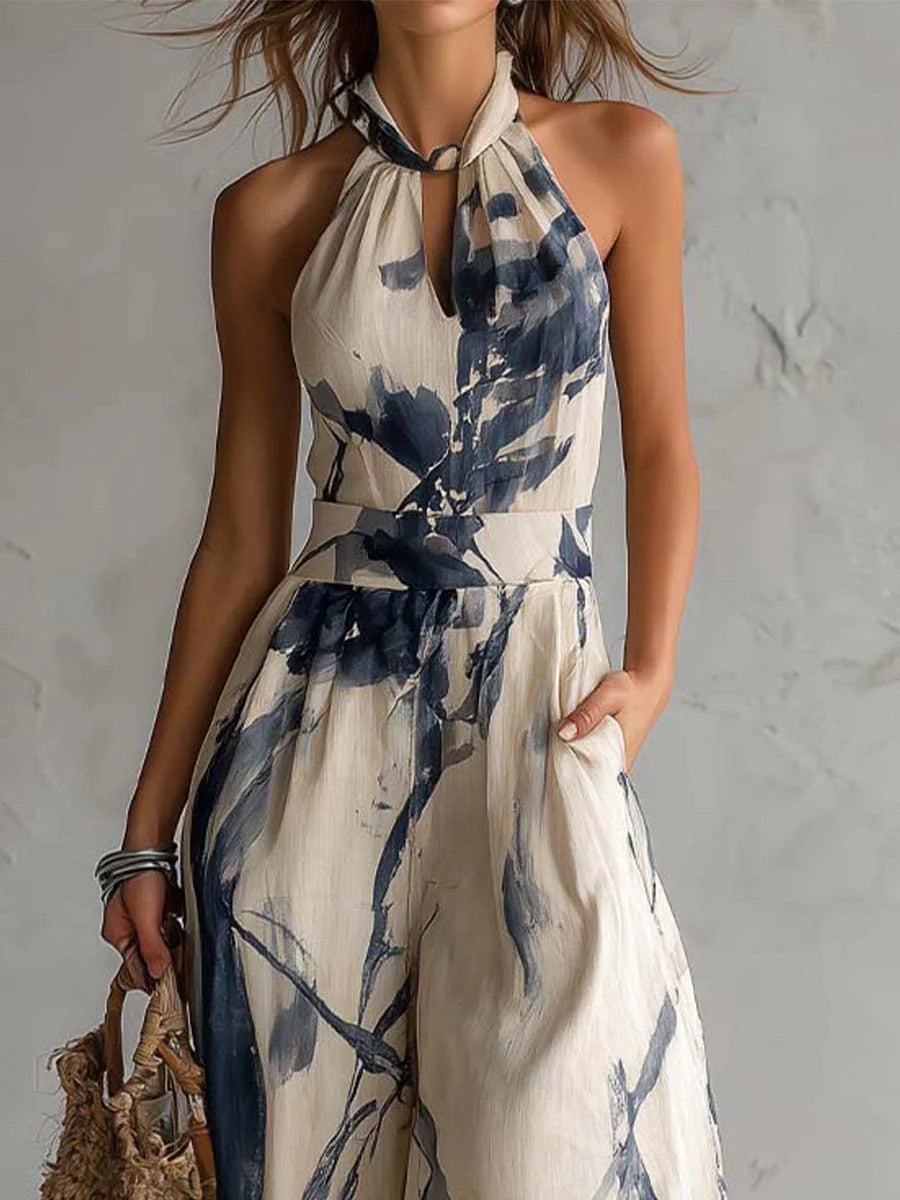 Suzanne™ | Halter Neck Ink Wash Print Wide Leg Jumpsuit with Pockets