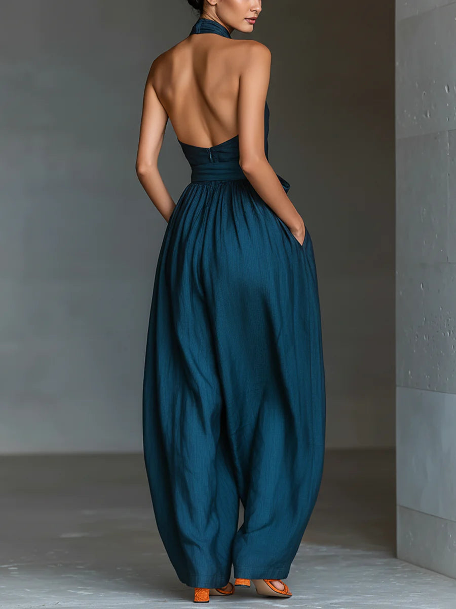 Océane™ | Cross Halter Wide-Leg Jumpsuit with Side Pockets