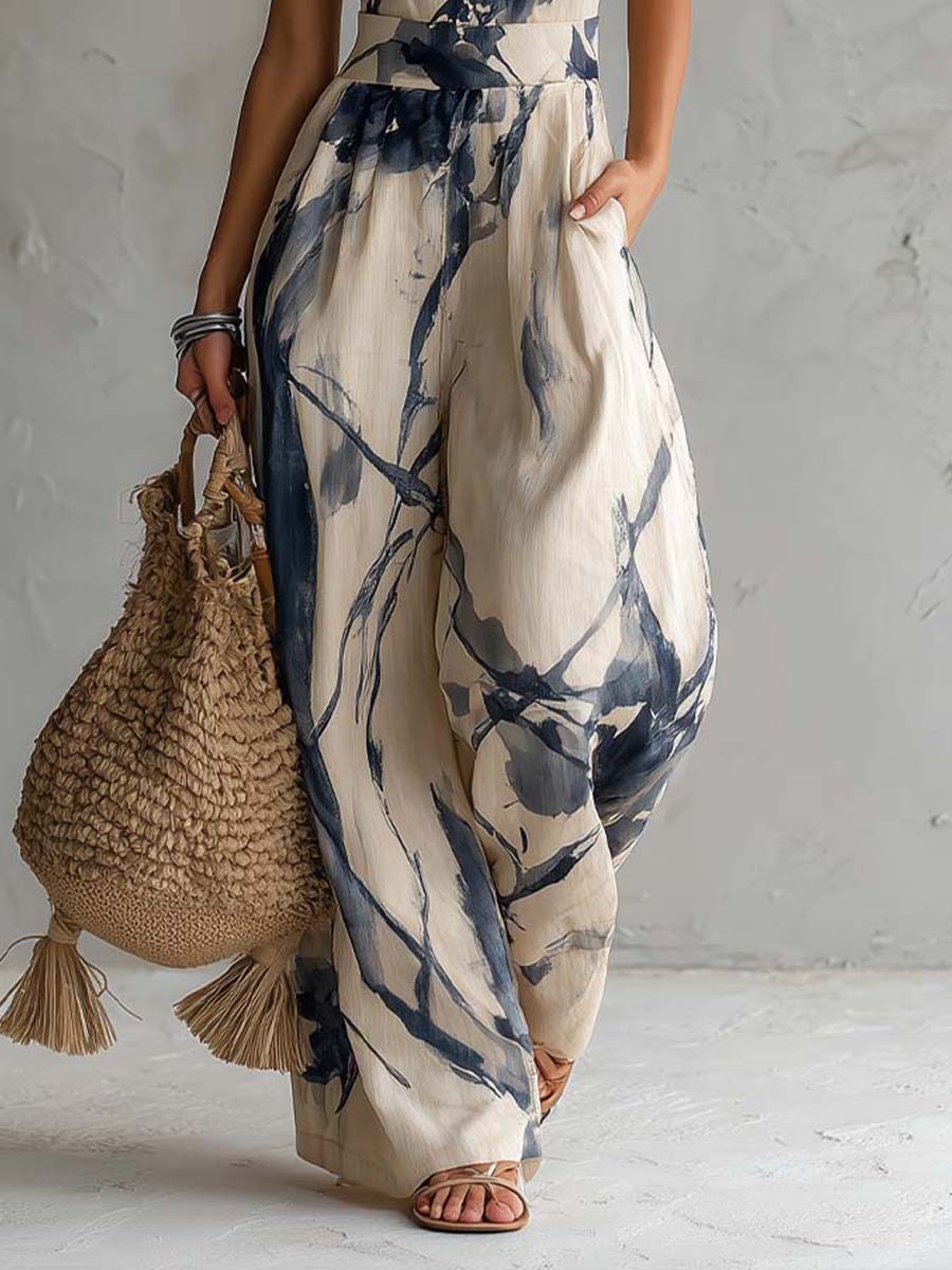 Suzanne™ | Halter Neck Ink Wash Print Wide Leg Jumpsuit with Pockets