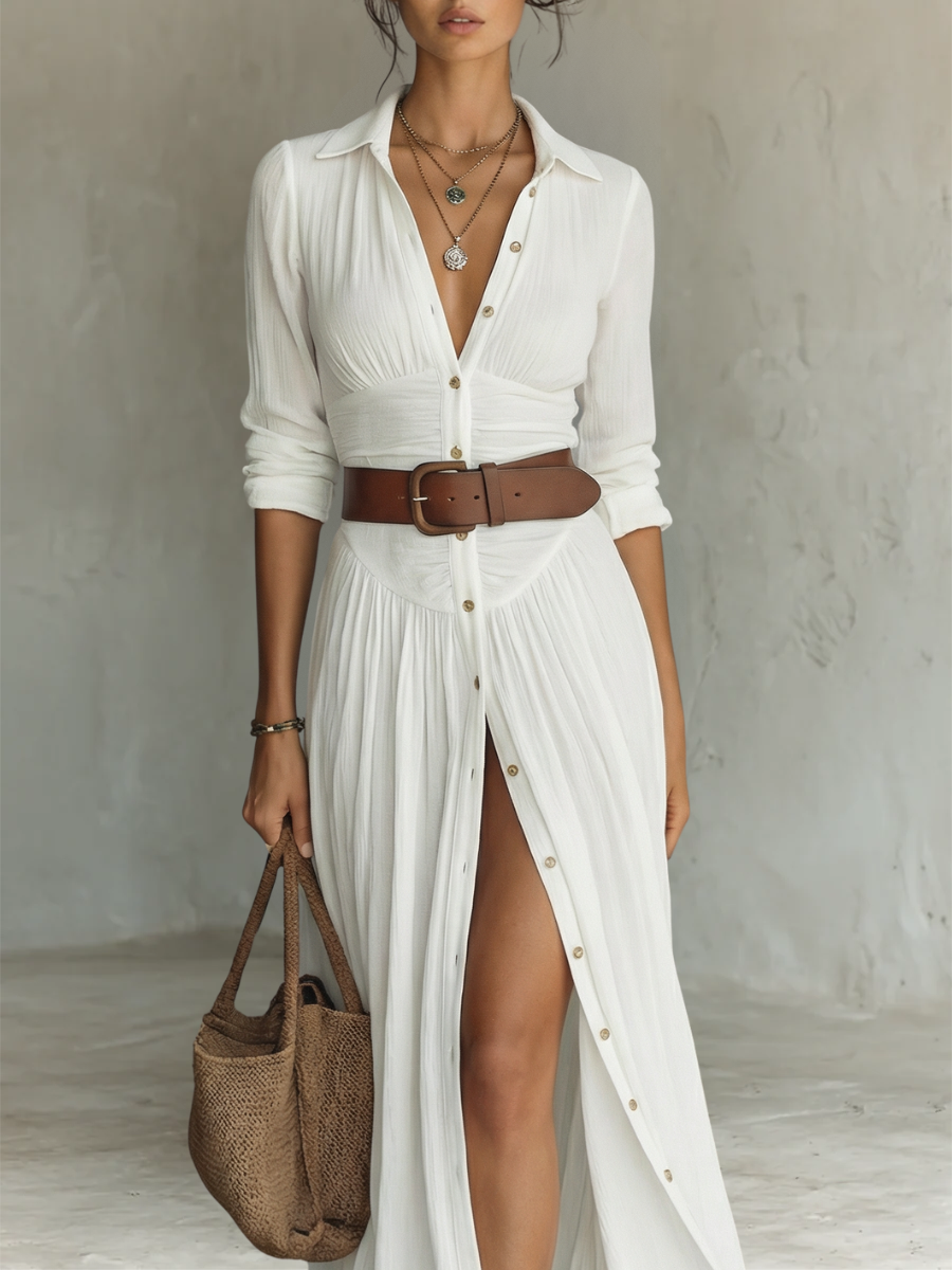 Long Maxi Dress with Notched Collar and Long Sleeves for Women • S1