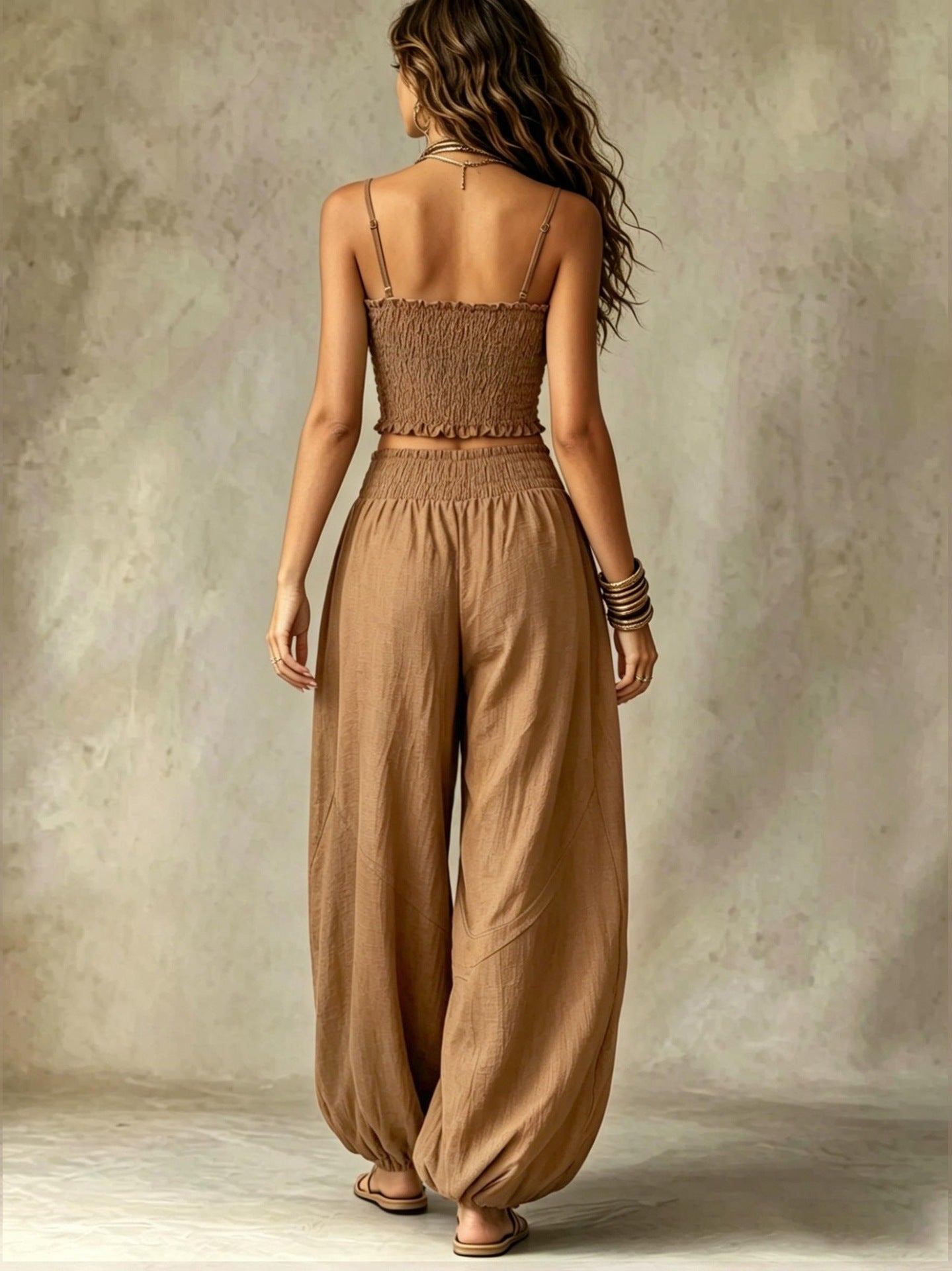 Smocked Crop Top Wide Leg Two-Piece Pants Set