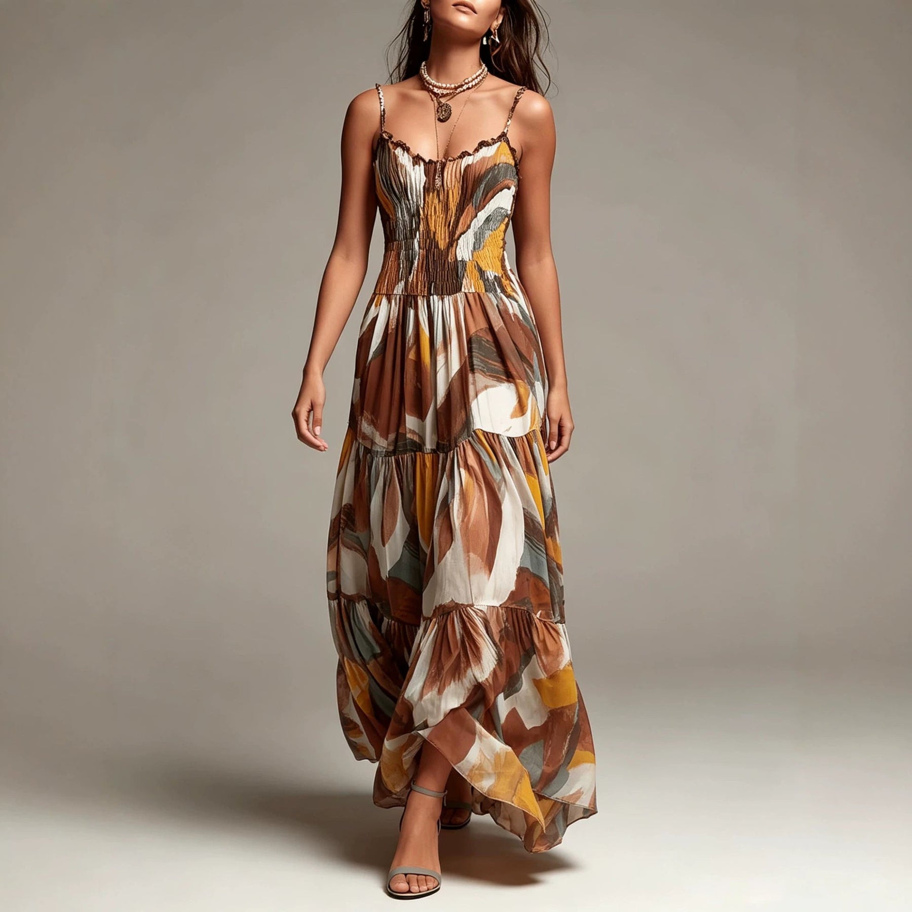 Abstract Print Smocked Tiered Maxi Dress
