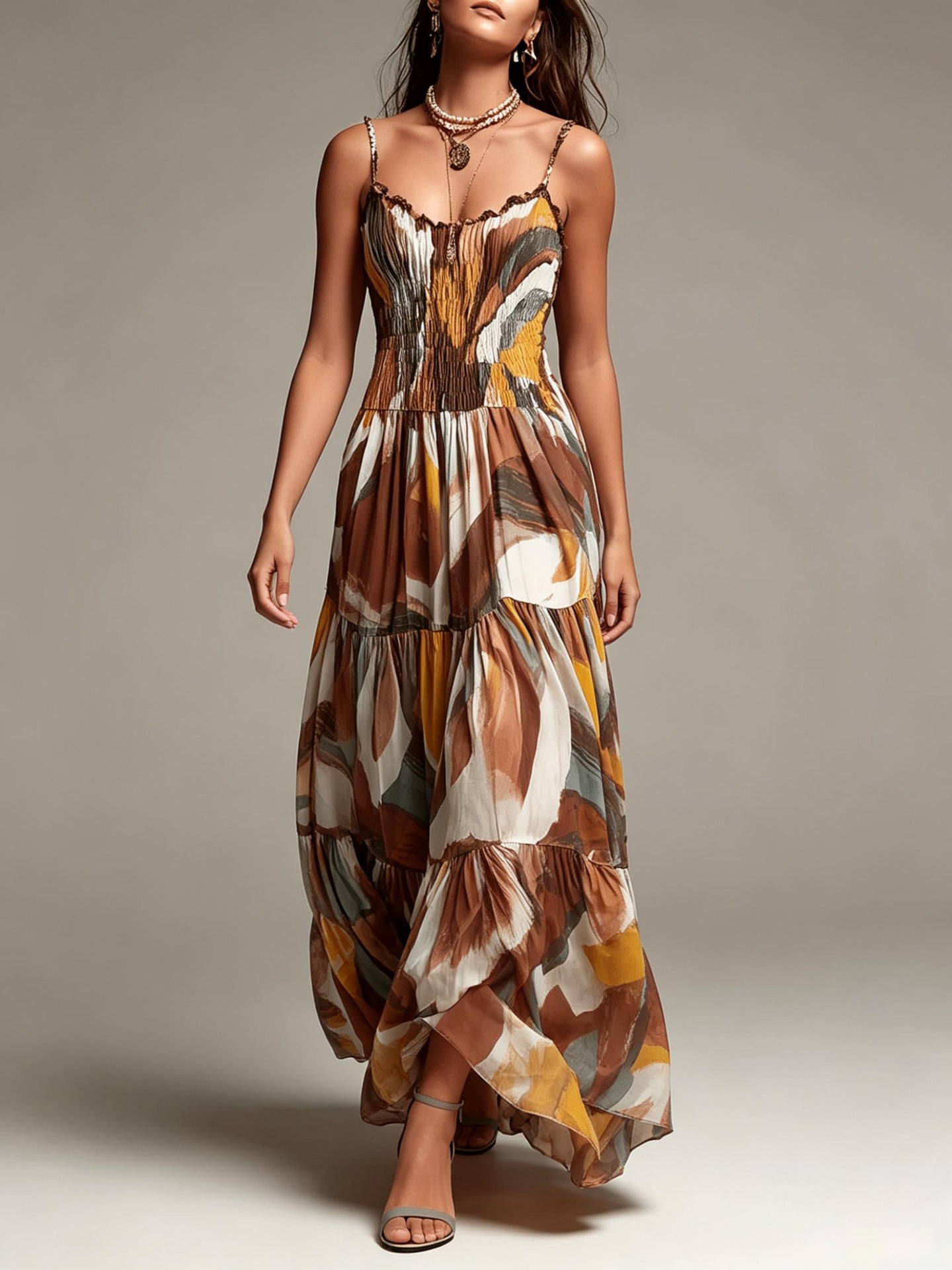 Abstract Print Smocked Tiered Maxi Dress