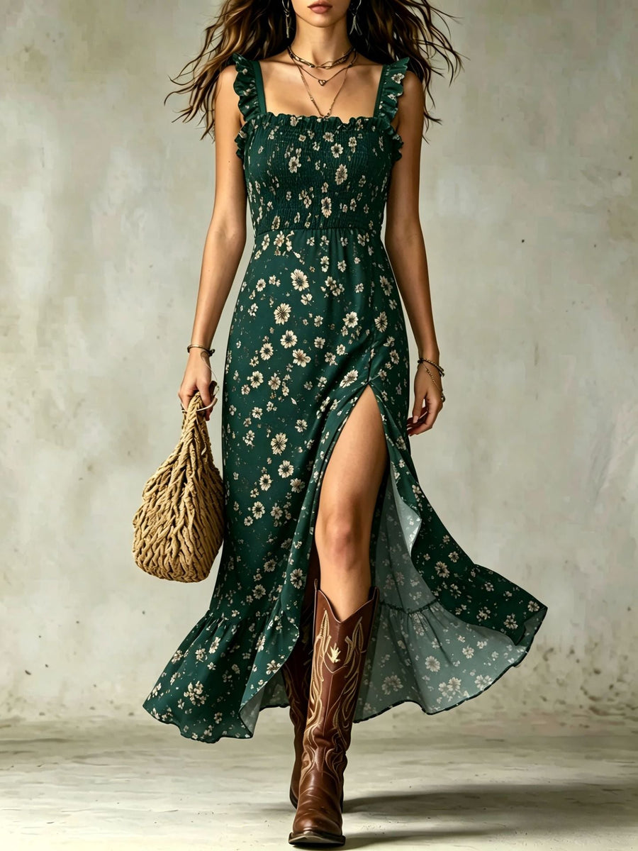 Ditsy Floral Smocked Ruffle Slit Maxi Dress