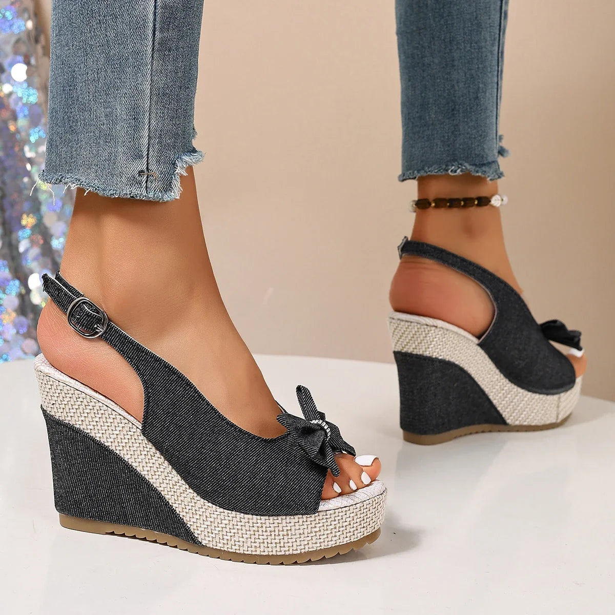Anna Denim Wedge Sandals