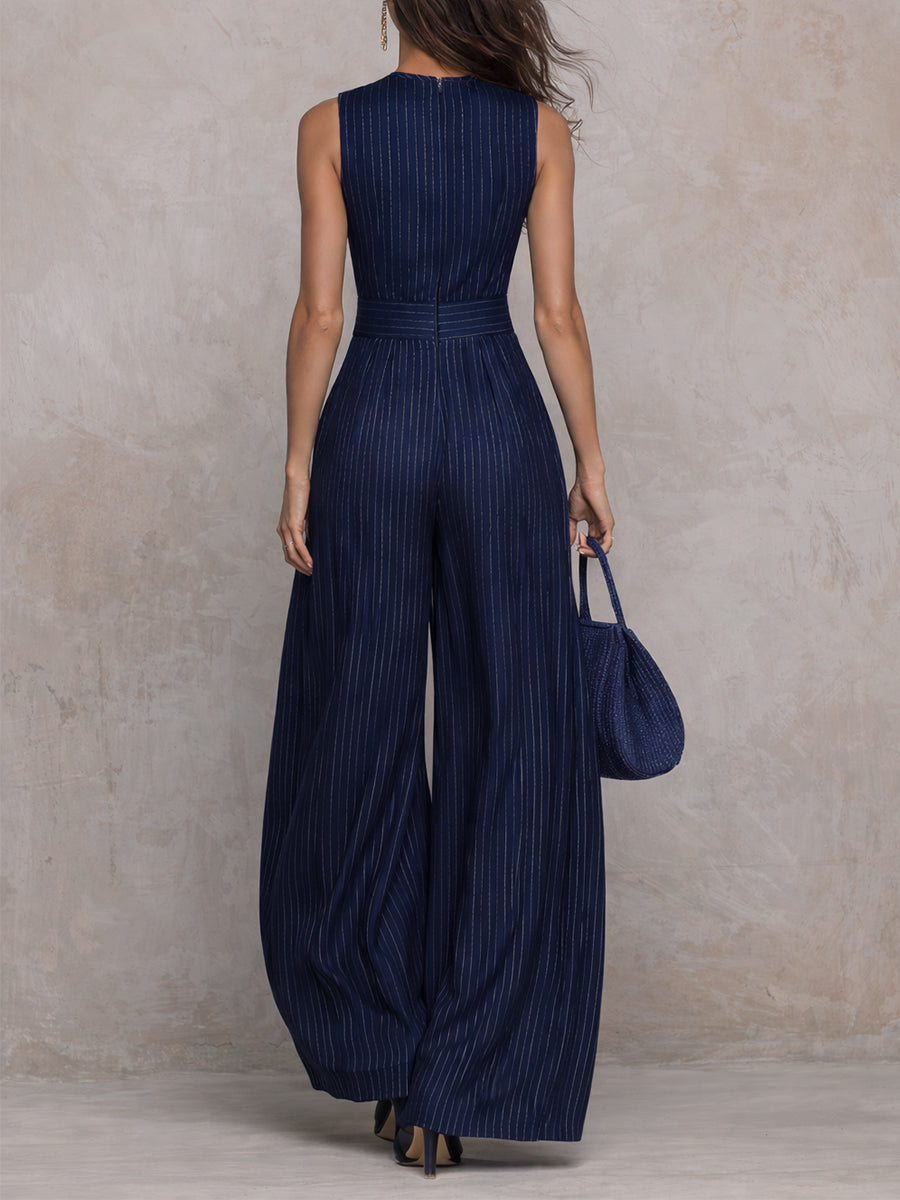 Roxane™ | Striped Keyhole Neckline Wide-leg Jumpsuit