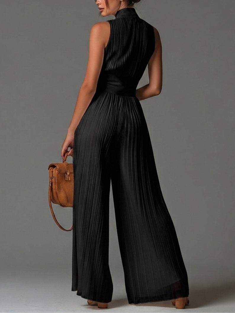 Blanche™ | V-neck Sleeveless Zip-up Pleated Wide-leg Chiffon Jumpsuit