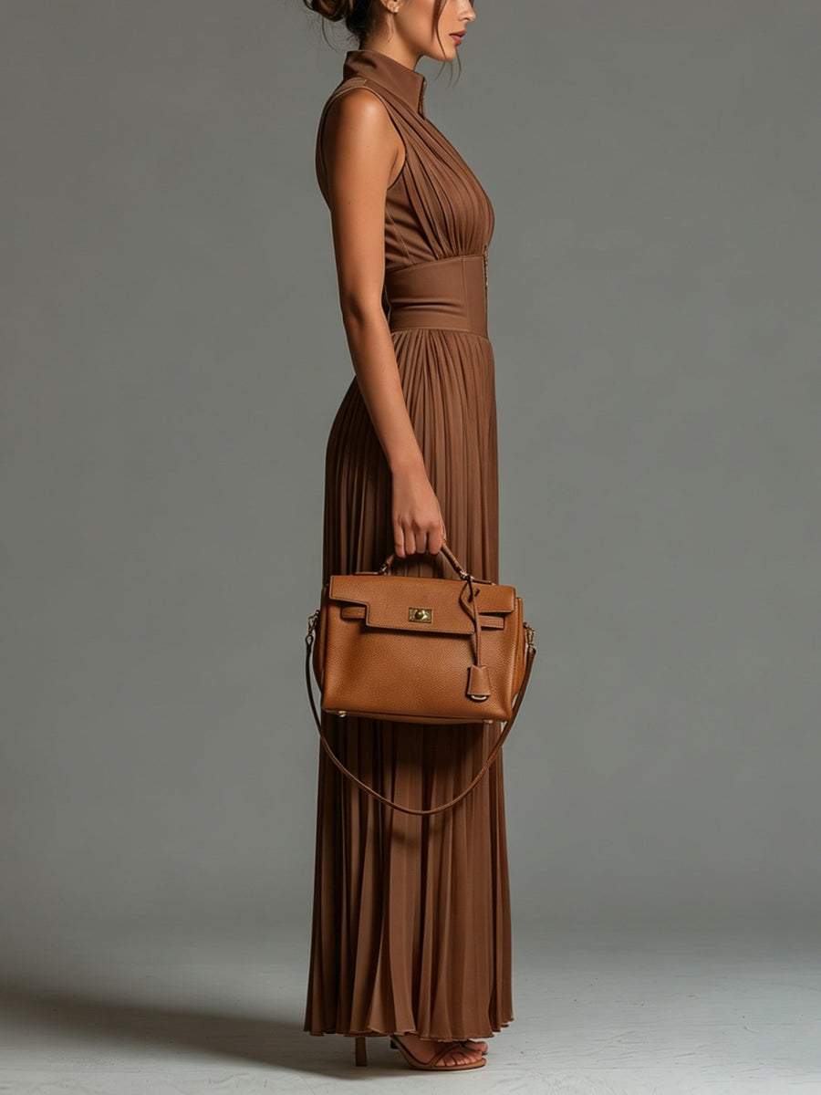Véronique™ | V-neck Sleeveless Zip-up Pleated Wide-leg Chiffon Jumpsuit