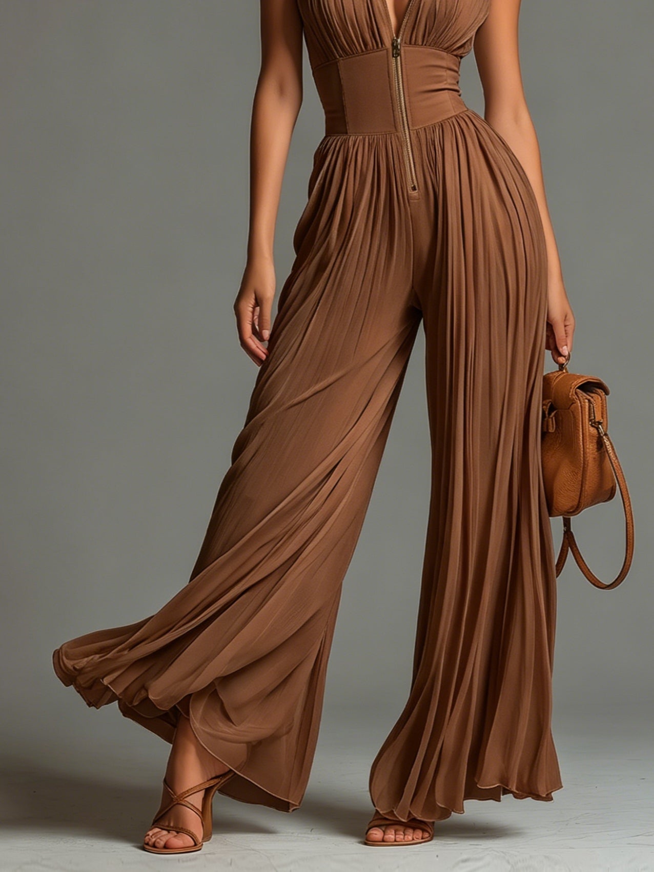 Véronique™ | V-neck Sleeveless Zip-up Pleated Wide-leg Chiffon Jumpsuit
