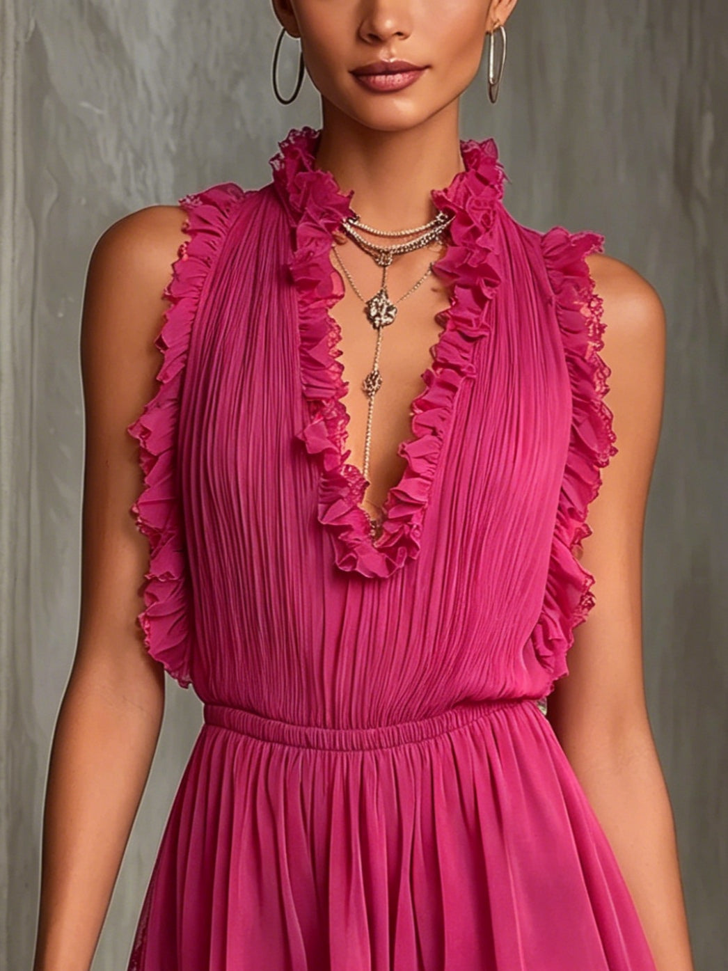 Angélique™ | Ruffle Trim Pleated Chiffon Lace Jumpsuit