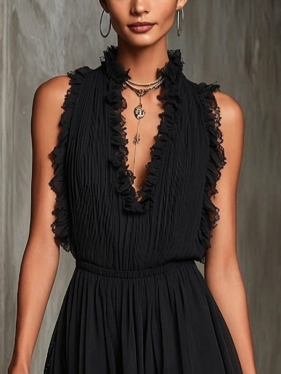 Perrine™ | Ruffle Trim Pleated Chiffon Lace Jumpsuit