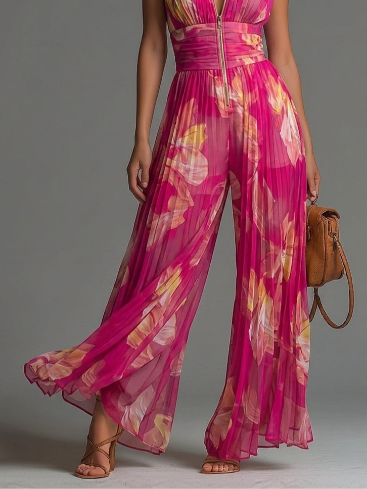 Céline™ | Floral Print Sleeveless Zippered Pleated Wide-leg Chiffon Jumpsuit