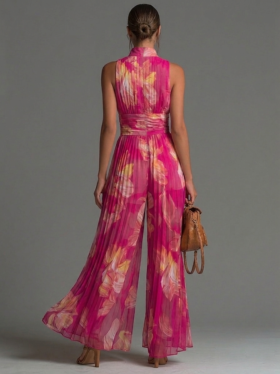 Céline™ | Floral Print Sleeveless Zippered Pleated Wide-leg Chiffon Jumpsuit