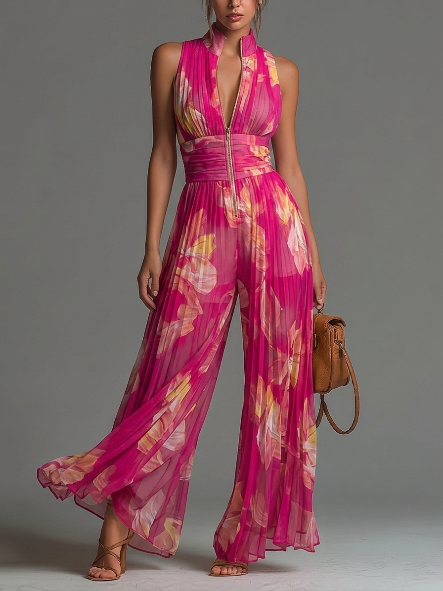 Céline™ | Floral Print Sleeveless Zippered Pleated Wide-leg Chiffon Jumpsuit