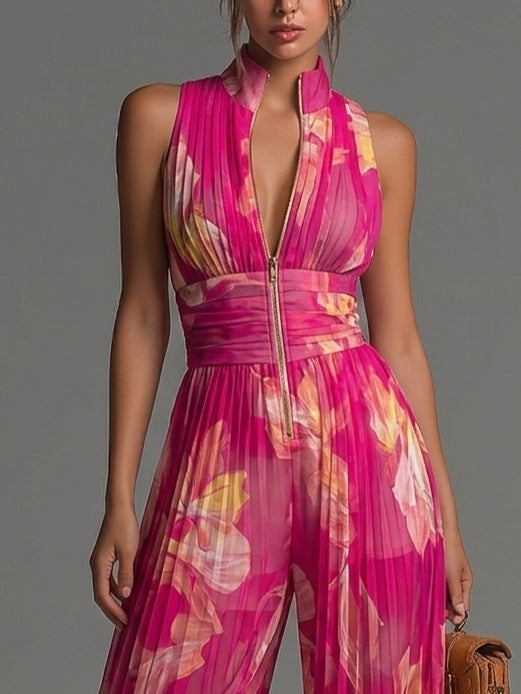 Céline™ | Floral Print Sleeveless Zippered Pleated Wide-leg Chiffon Jumpsuit