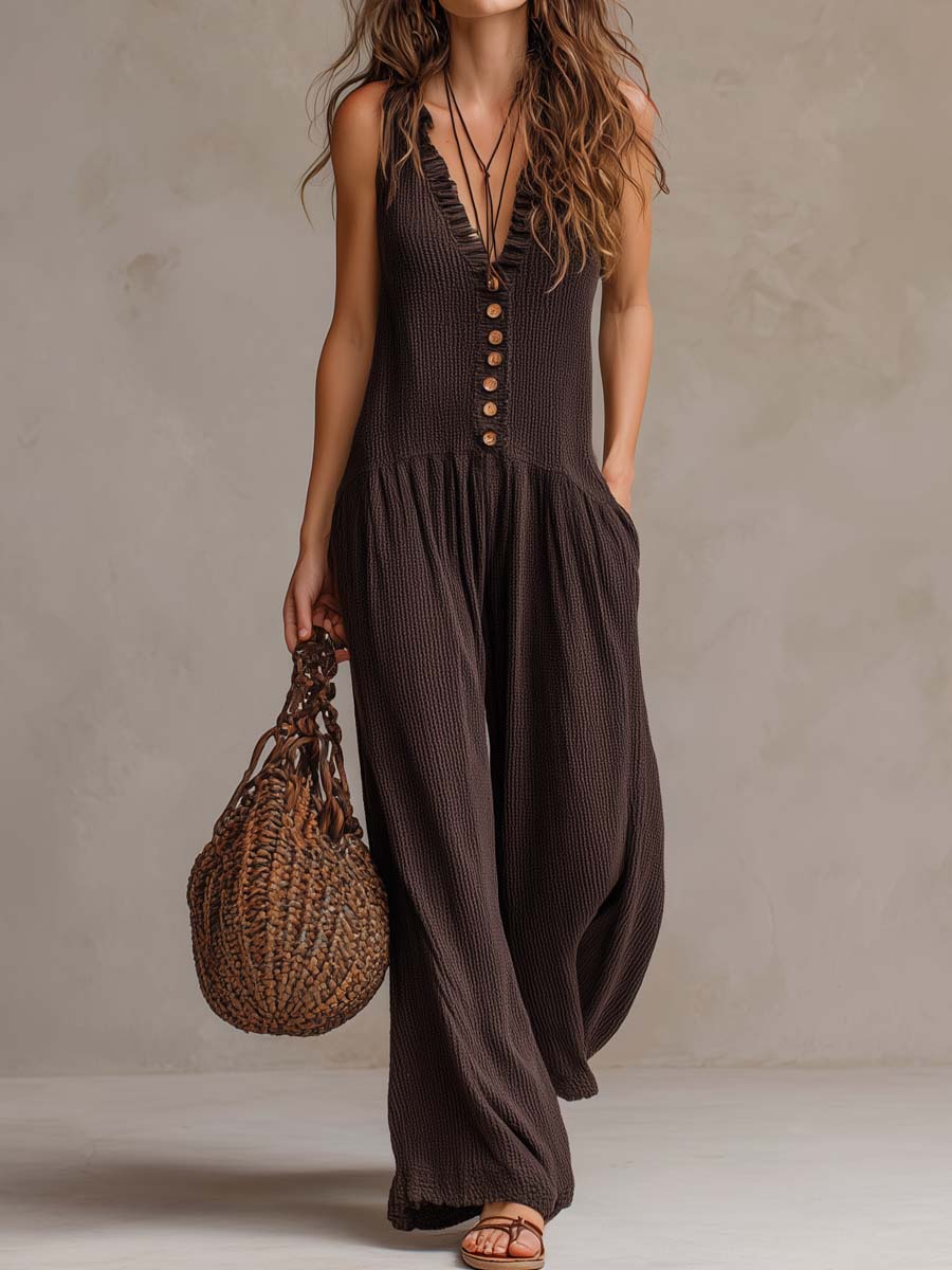 Valérie™ | Retro Ruffled V-neck Wide-leg Jumpsuit