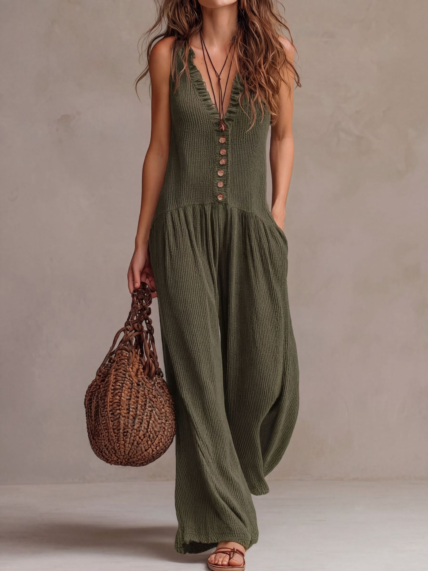 Valérie™ | Retro Ruffled V-neck Wide-leg Jumpsuit