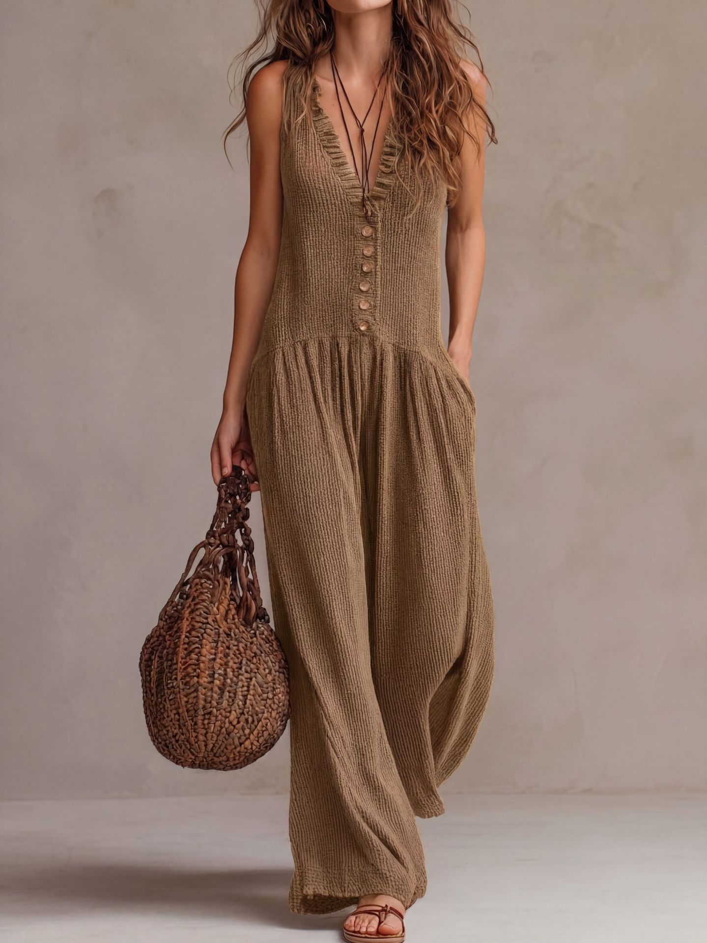 Valérie™ | Retro Ruffled V-neck Wide-leg Jumpsuit