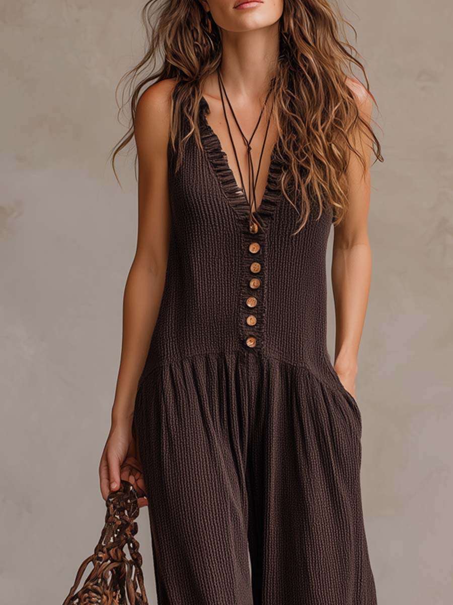 Valérie™ | Retro Ruffled V-neck Wide-leg Jumpsuit