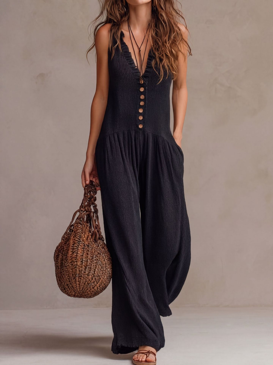 Valérie™ | Retro Ruffled V-neck Wide-leg Jumpsuit