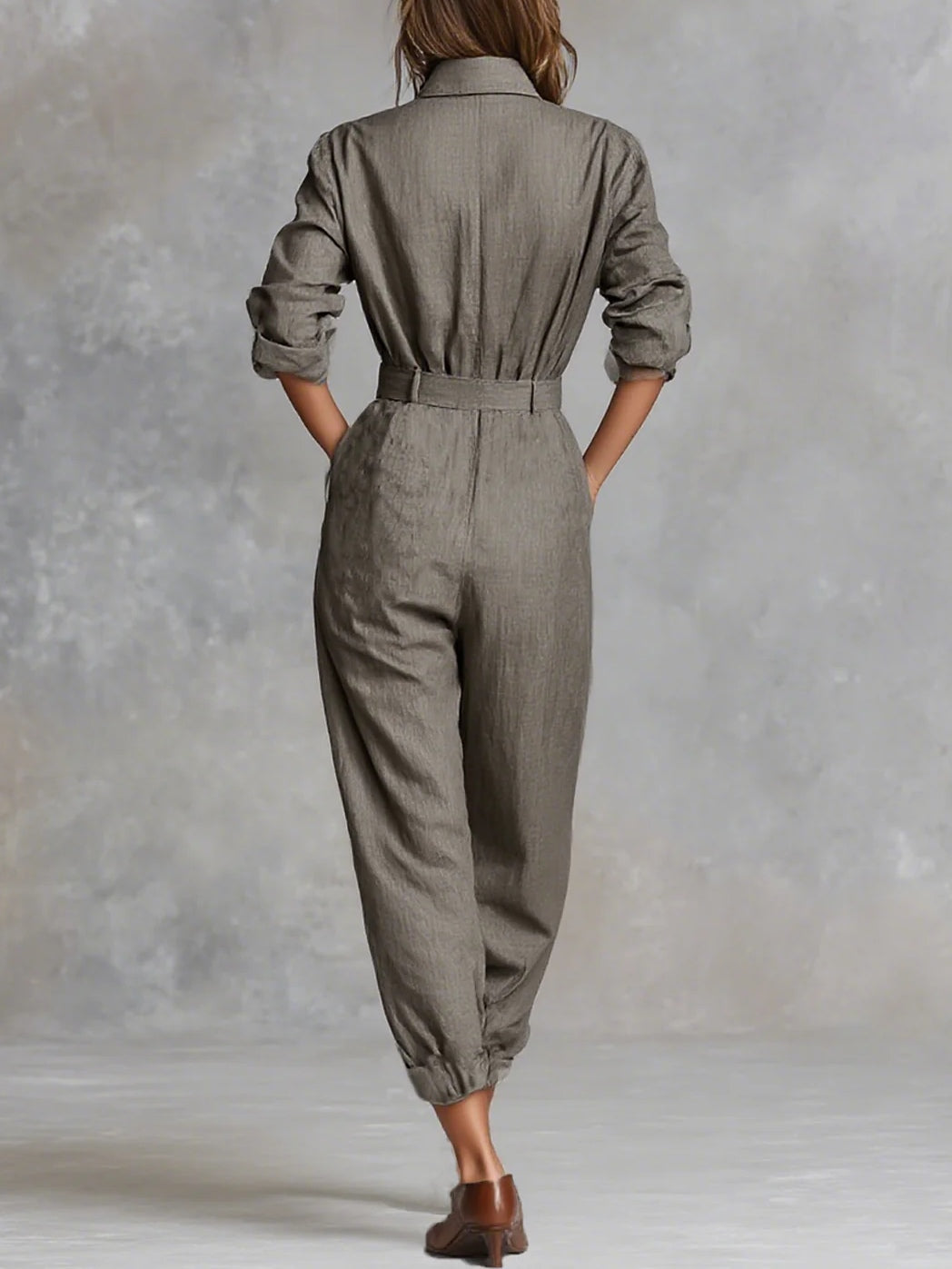 Sidonie™ | Cotton and Linen Blended Long Sleeve Shirt Jumpsuit