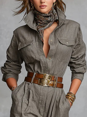 Sidonie™ | Cotton and Linen Blended Long Sleeve Shirt Jumpsuit