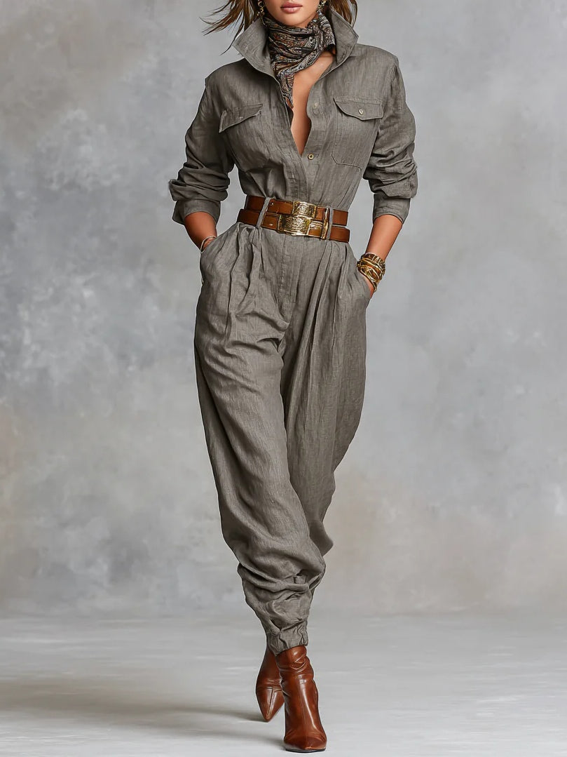 Sidonie™ | Cotton and Linen Blended Long Sleeve Shirt Jumpsuit