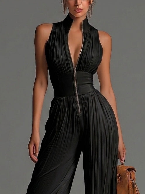 Blanche™ | V-neck Sleeveless Zip-up Pleated Wide-leg Chiffon Jumpsuit